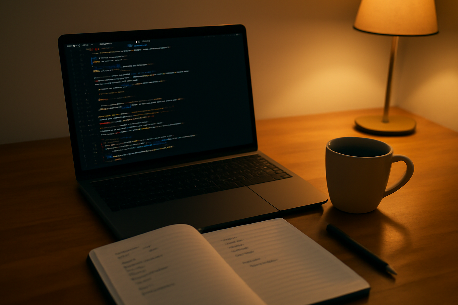 Meja kerja developer dengan laptop menampilkan kode Ruby dan catatan nama model
