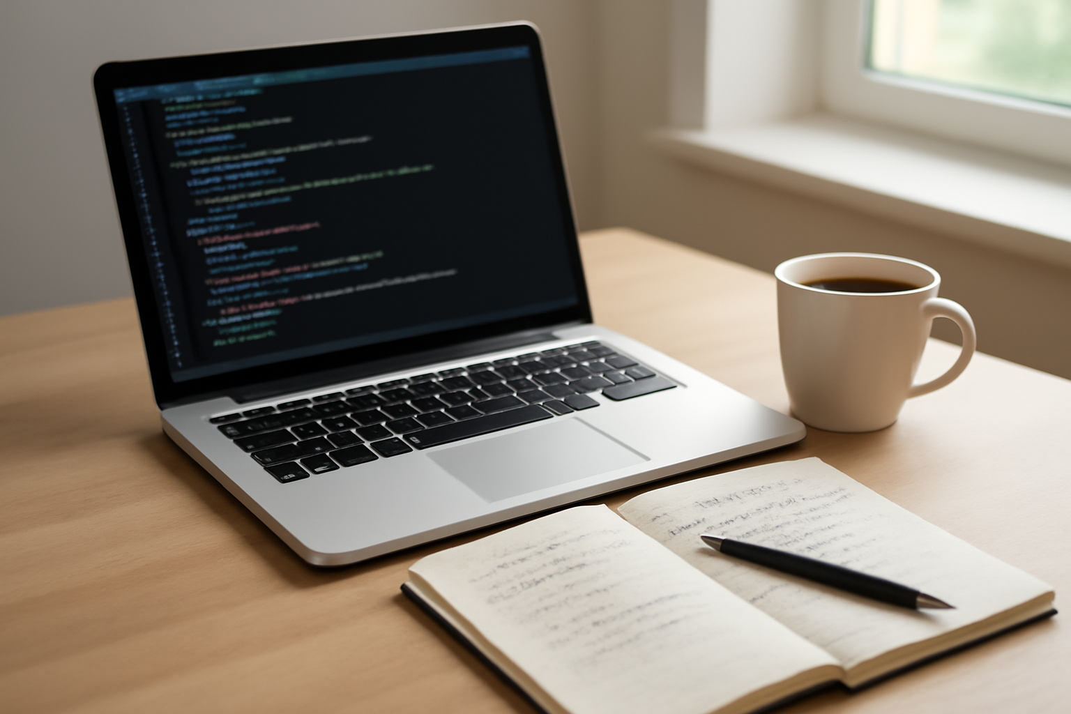 Meja kerja dengan laptop menampilkan editor kode dan catatan, suasana belajar Ruby on Rails