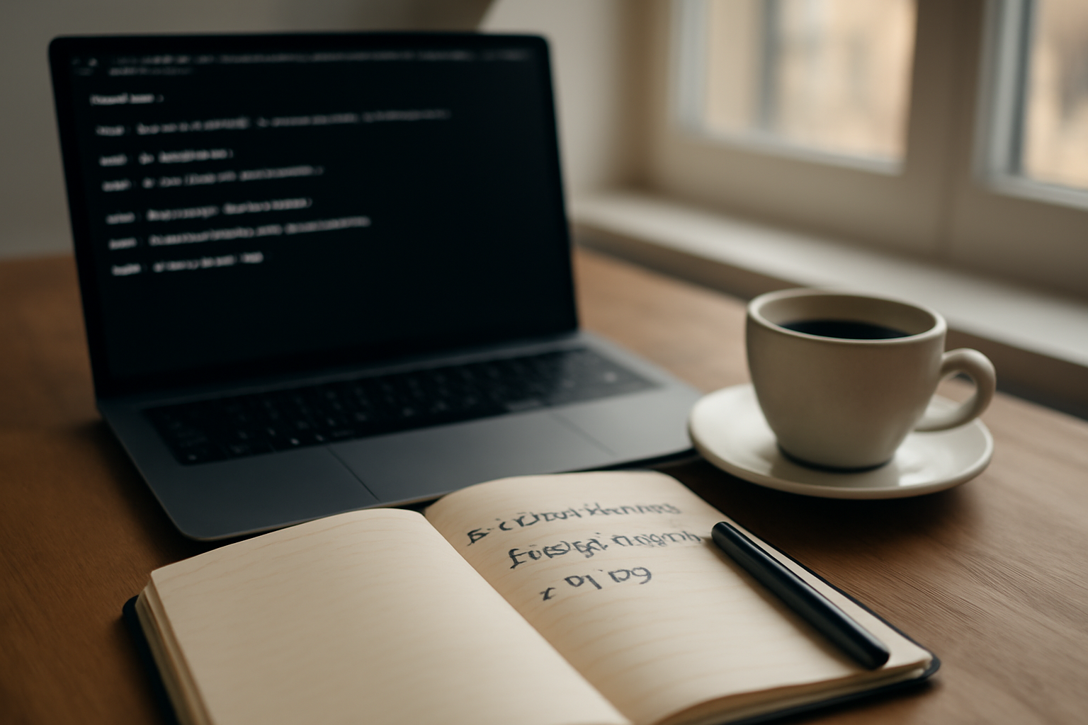 Meja kerja developer dengan laptop menampilkan terminal dan catatan langkah deploy