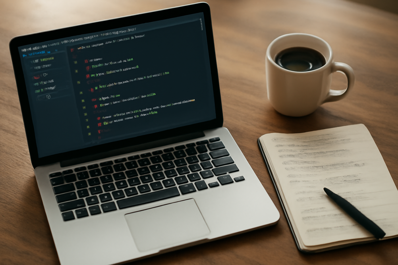 Laptop dengan editor kode Ruby on Rails dan catatan belajar di meja kayu