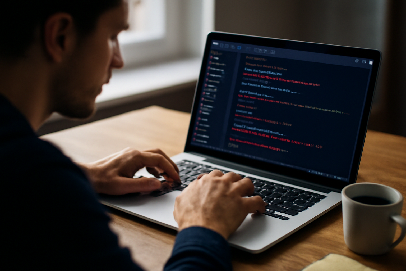 Pemula sedang melakukan debug kode Ruby on Rails di laptop