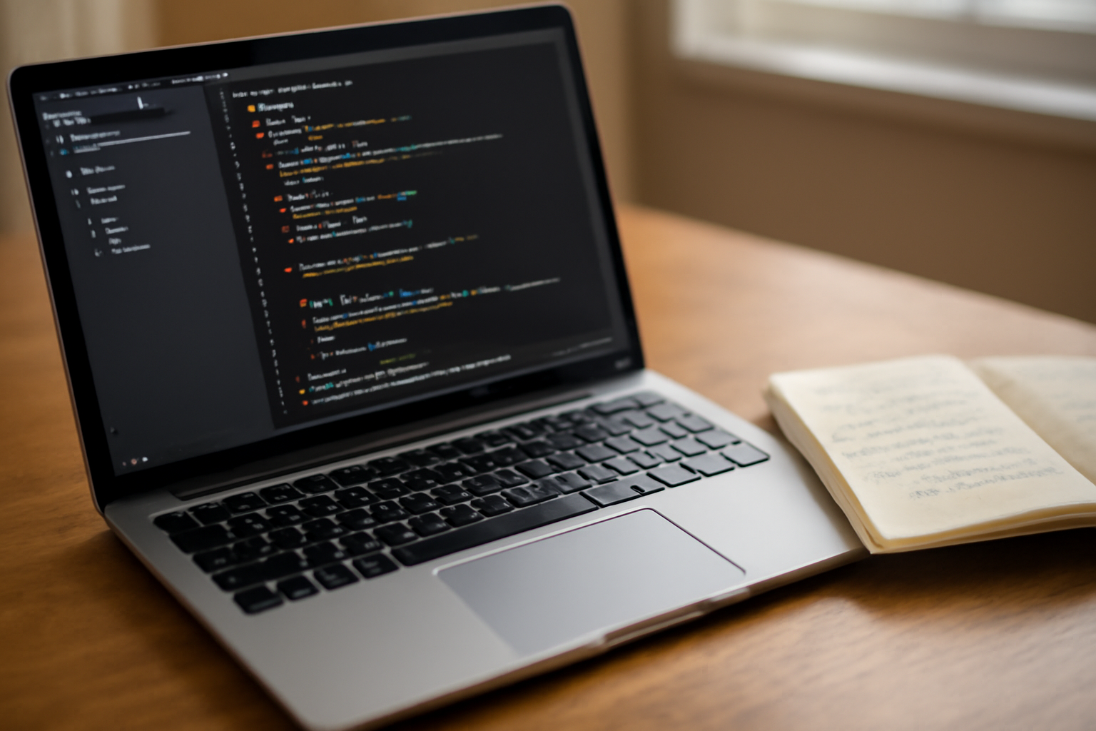 Laptop dengan editor kode Ruby on Rails di meja kayu bersama buku catatan