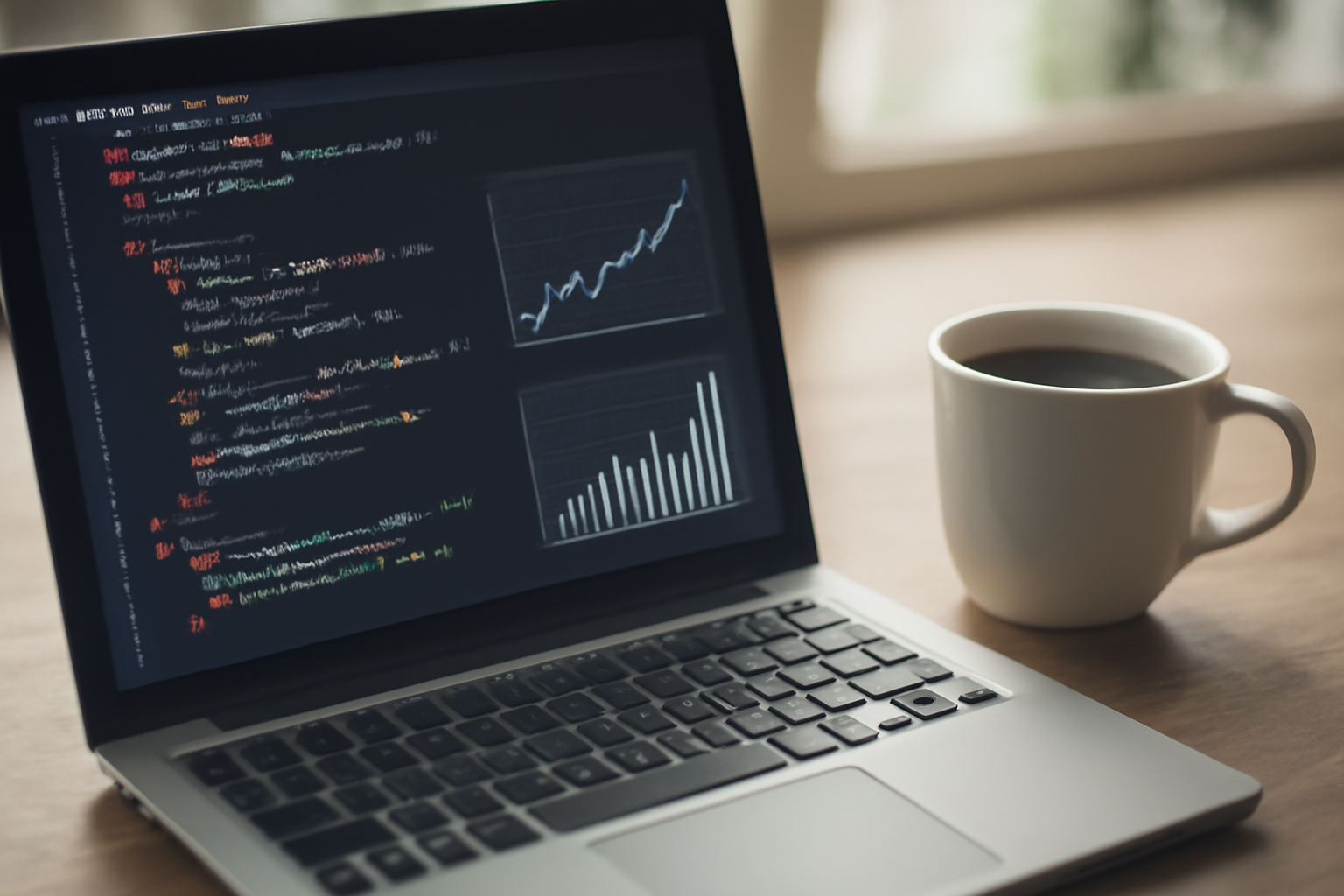 Laptop menampilkan kode Ruby on Rails dengan grafik performa